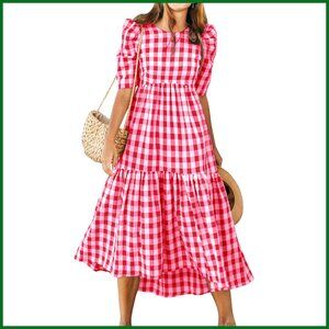 Plaid Midi Dress Puff Sleeve High Low Hem Flowy Casual Summer Beach Vacation